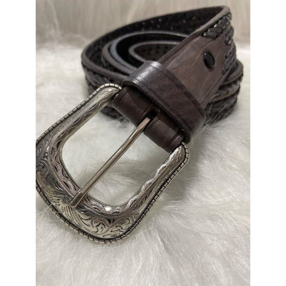 Mens Braided Leather Belt W/ Western-Style Buckle Size 46 Dark Brown - Picture 1 of 5